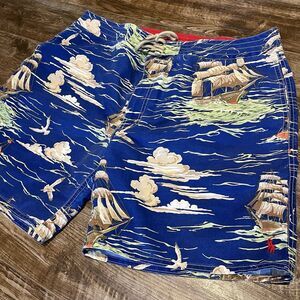 Polo Ralph Lauren Swim Shorts Mens 38 Blue Pirate Ship Ocean Boat Trunks 7”